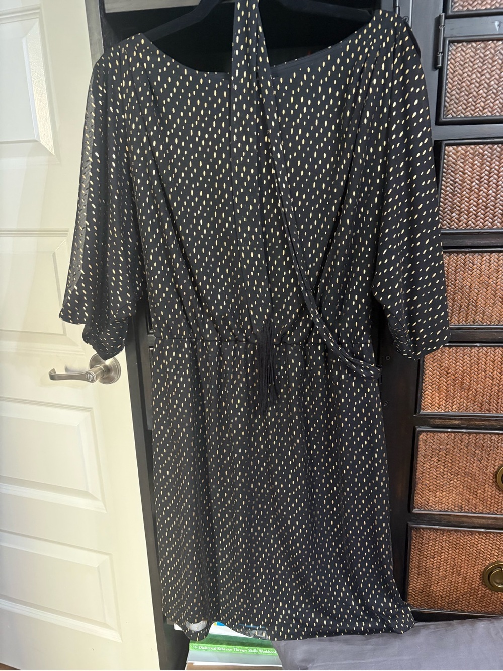 Black Dress with Metallic Gold Dot Print - Women's Elegant Open Shoulder Style